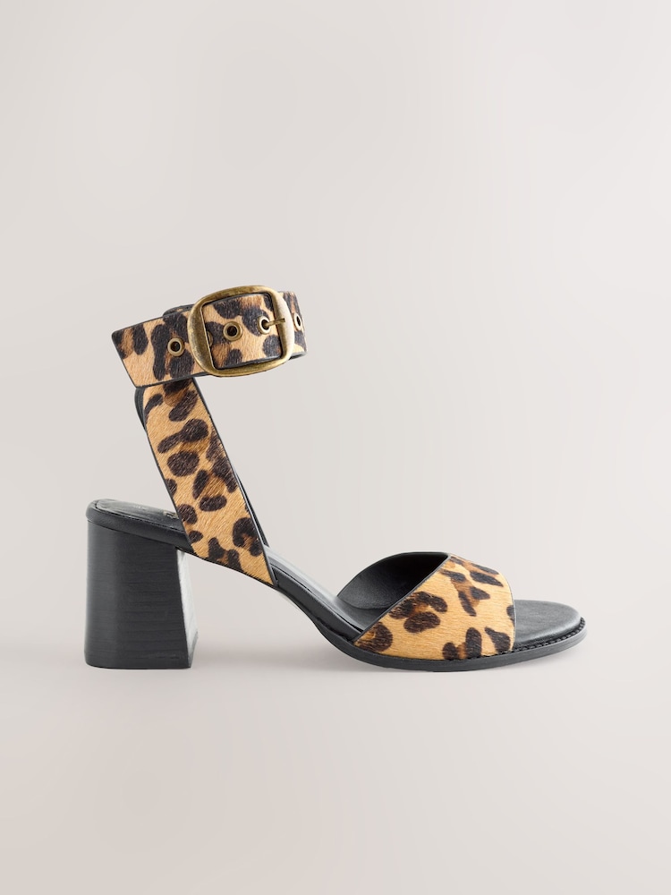 Leopard Forever Comfort® Leather Buckle Block Heel Sandals - Image 1 of 5 Leopard Forever Comfort® Leather Buckle Block Heel Sandals - Image 1 of 5