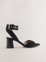 Black Forever Comfort® Leather Buckle Block Heel Sandals - Image 1 of 9