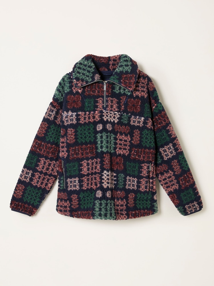 FatFace Navy Blanket Print Borg Fleece - Image 1 of 1 FatFace Navy Blanket Print Borg Fleece - Image 1 of 1
