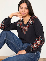 FatFace Black Embroidered V Neck Sweatshirt - Image 1 of 6