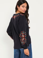 FatFace Black Embroidered V Neck Sweatshirt - Image 2 of 6