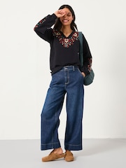FatFace Black Embroidered V Neck Sweatshirt - Image 3 of 6
