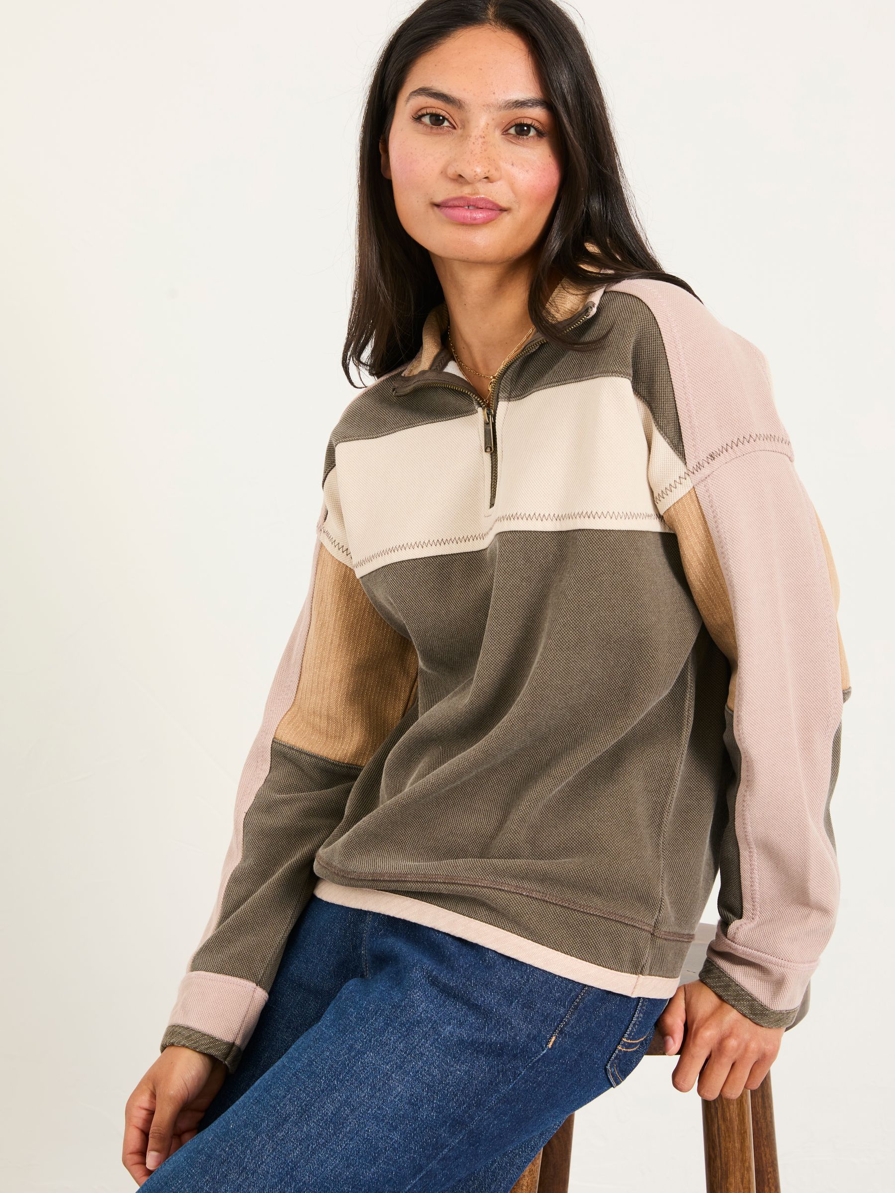 Fat Face Women's Brown Fatface Airlie Relaxed Stripe Half Neck Sweat