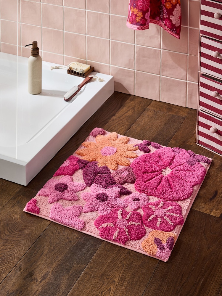 Berry Red Floral Print 100% Cotton Shower Mat - Image 1 of 3
