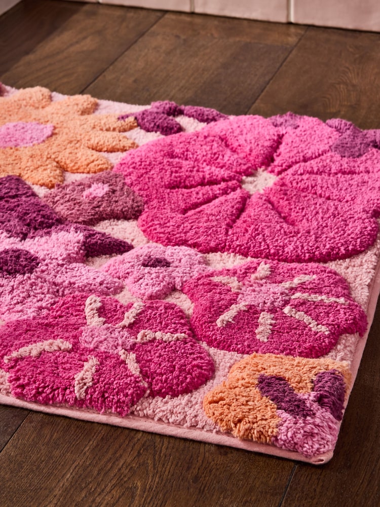 Berry Red Floral Print 100% Cotton Shower Mat - Image 2 of 3