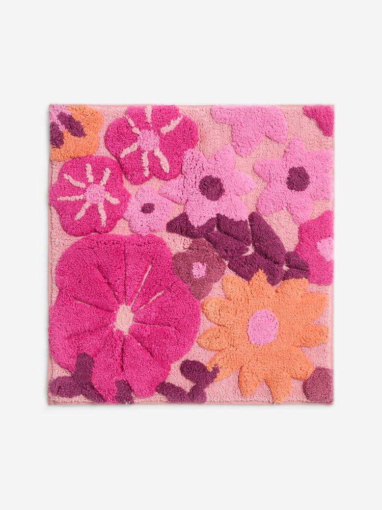 Berry Red Floral Print 100% Cotton Shower Mat - Image 3 of 3