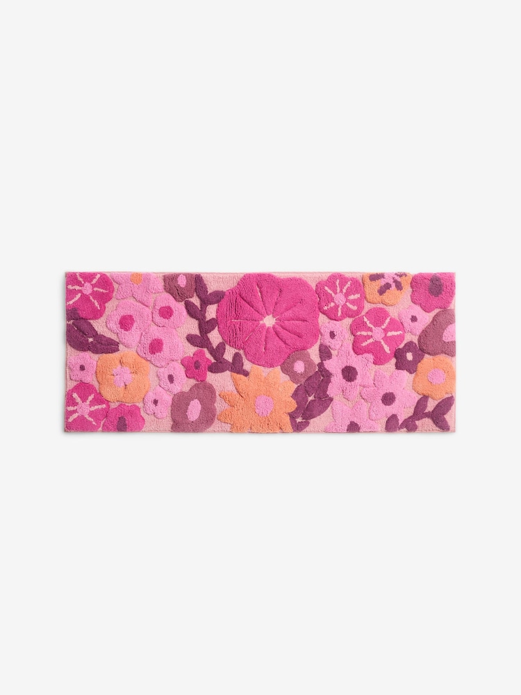 Berry Red Floral Print 100% Cotton Runner Bath Mat - Image 2 of 3