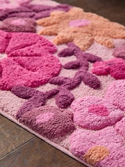 Berry Red Floral Print 100% Cotton Runner Bath Mat - Image 3 of 3
