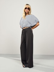 Brown Charcoal Drawstring Waist Tie Front Wide Leg Trousers - Image 1 of 8