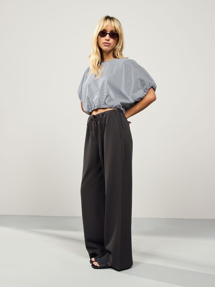 Brown Charcoal Drawstring Waist Tie Front Wide Leg Trousers - Image 1 of 8