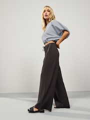 Brown Charcoal Drawstring Waist Tie Front Wide Leg Trousers - Image 2 of 8
