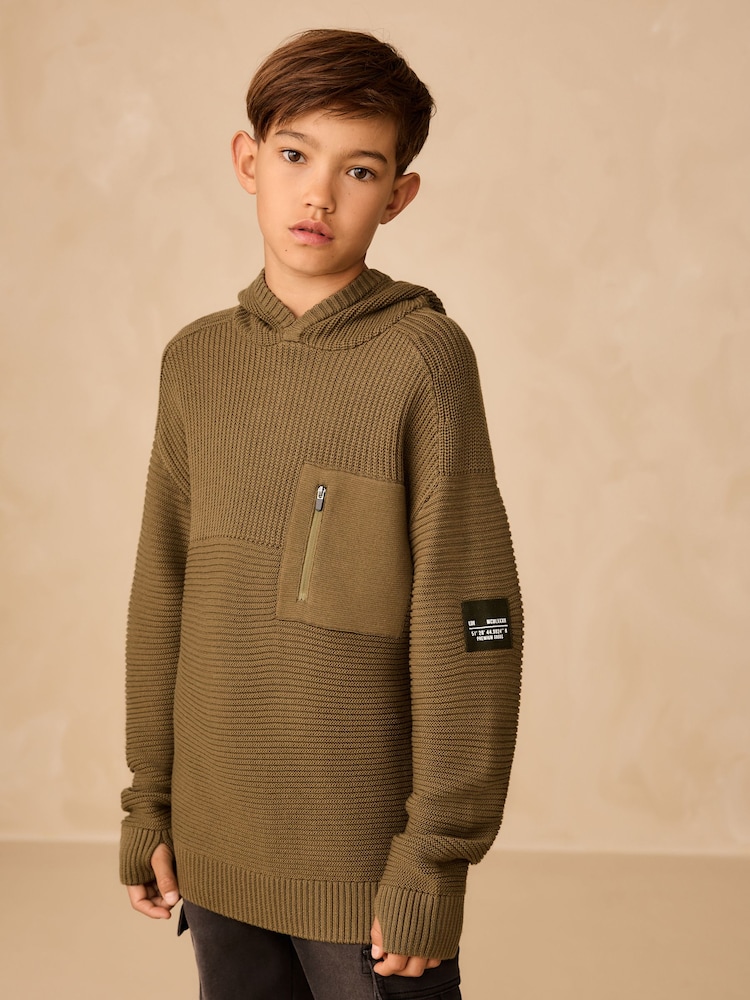 Khaki Green Utility Knitted Hoodie (3-16yrs) - Image 1 of 11
