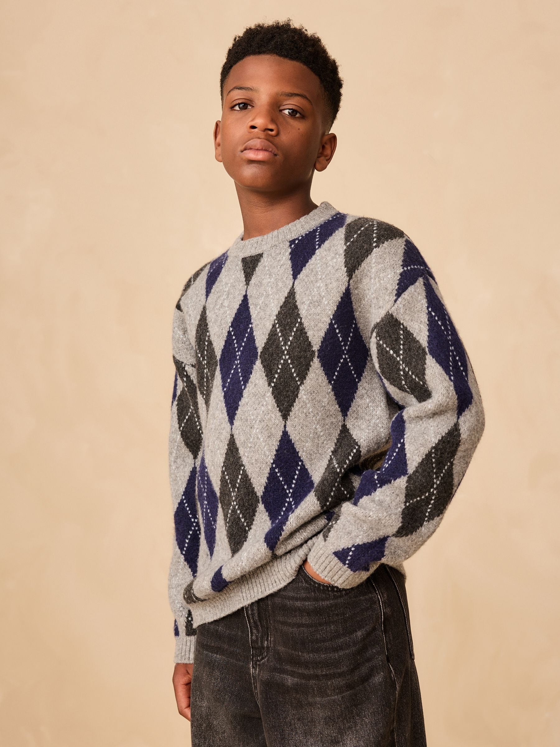 Buy Grey Argyle Knitted Crew Neck Jumper (3-16yrs) from Next