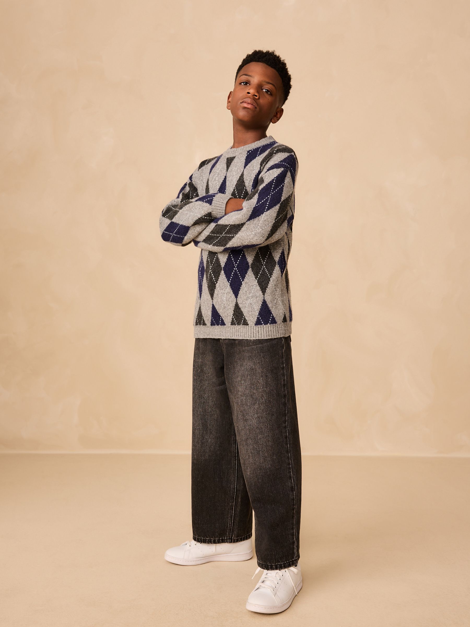 Buy Grey Argyle Knitted Crew Neck Jumper (3-16yrs) from Next