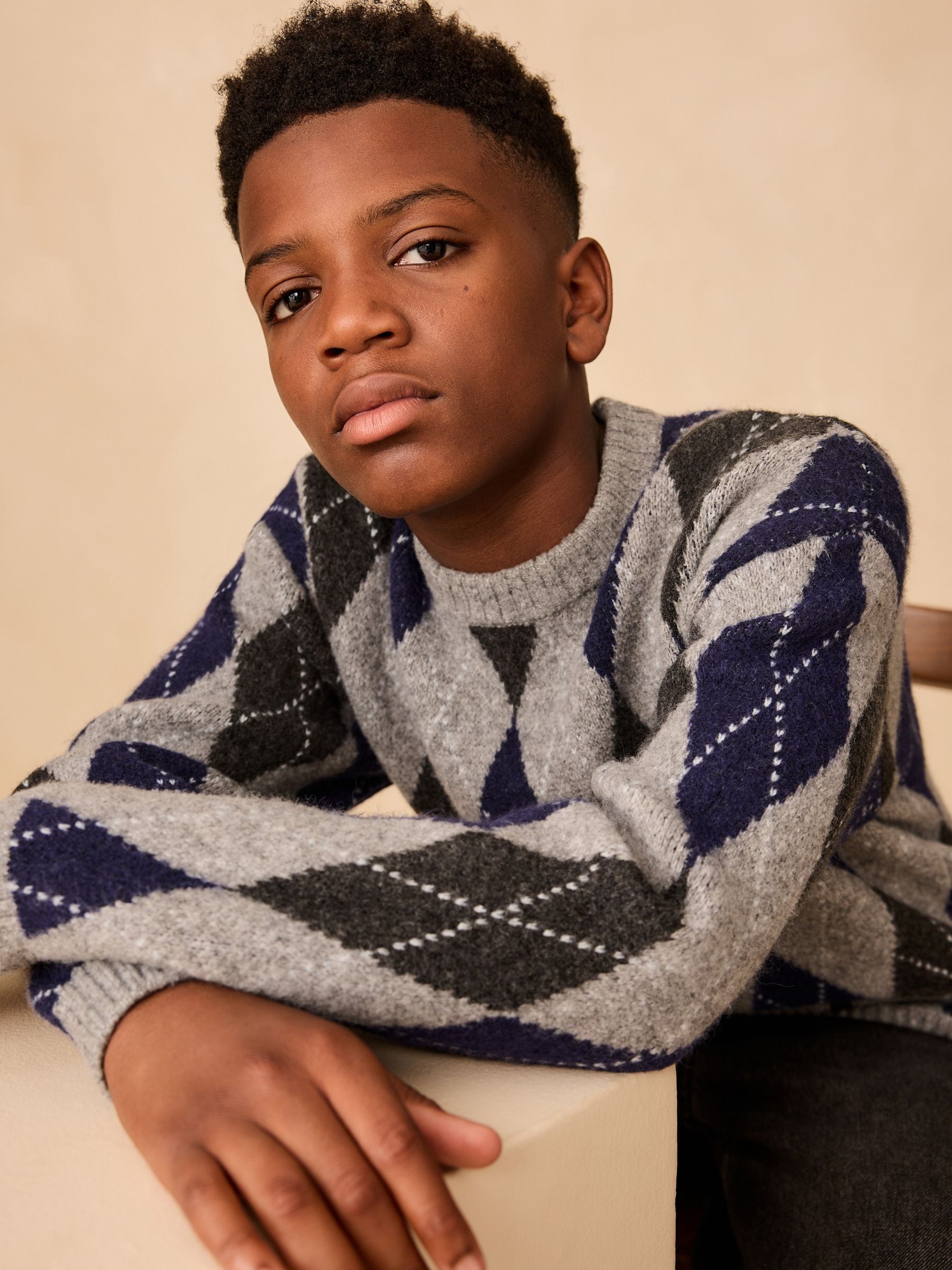 Buy Grey Argyle Knitted Crew Neck Jumper (3-16yrs) from Next