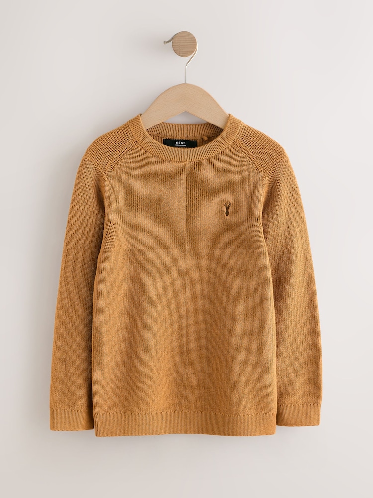 Tan Brown With Stag Cotton Crew Neck Knitted Jumper (3-16yrs) - Image 1 of 4