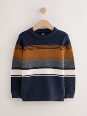 Navy Blue Colourblock Stripe Crew Neck Knitted Jumper (3-16yrs) - Image 1 of 4