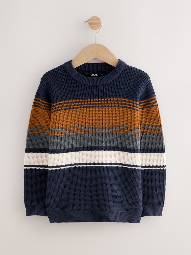 Navy Blue Colourblock Stripe Crew Neck Knitted Jumper (3-16yrs) - Image 1 of 4