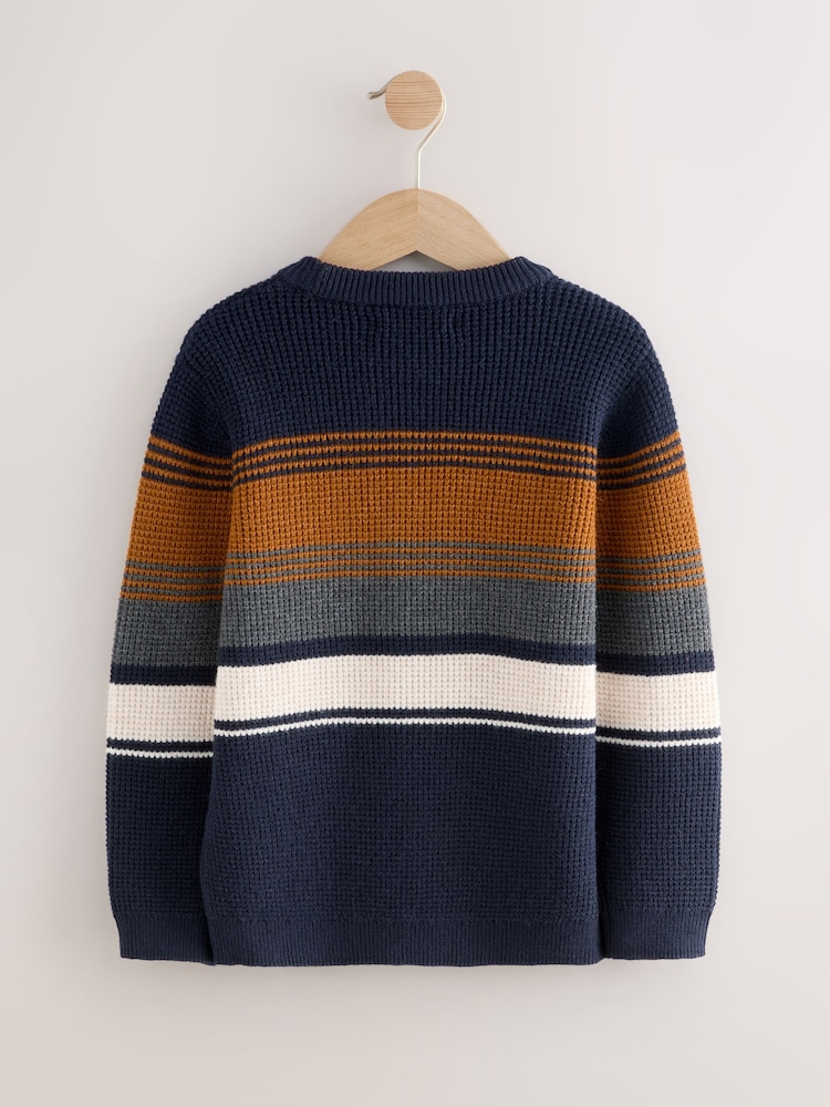 Pull 3-9 ans à rayures en mélange de coton, demi-zip, bleu marine/blanc cassé