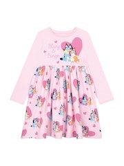 Character Pink Heart Bluey Long Sleeve 100% Cotton Dress - Image 1 of 10