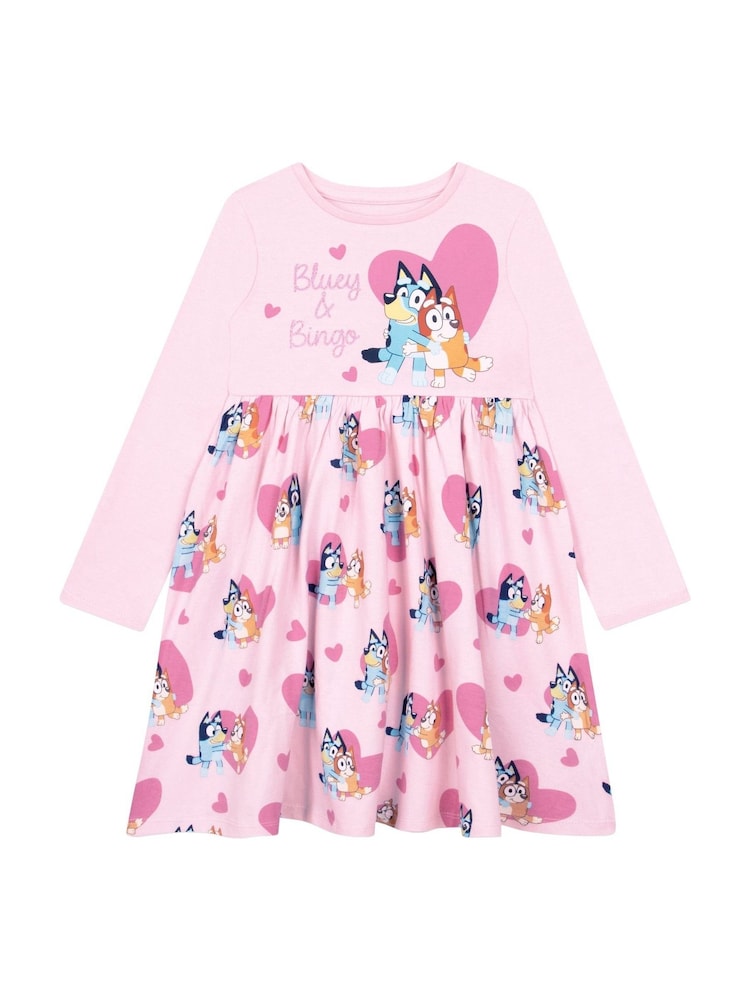 Character Pink Heart Bluey Long Sleeve 100% Cotton Dress - Image 1 of 10