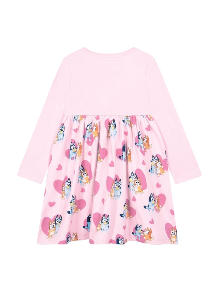 Character Pink Heart Bluey Long Sleeve 100% Cotton Dress - Image 2 of 10