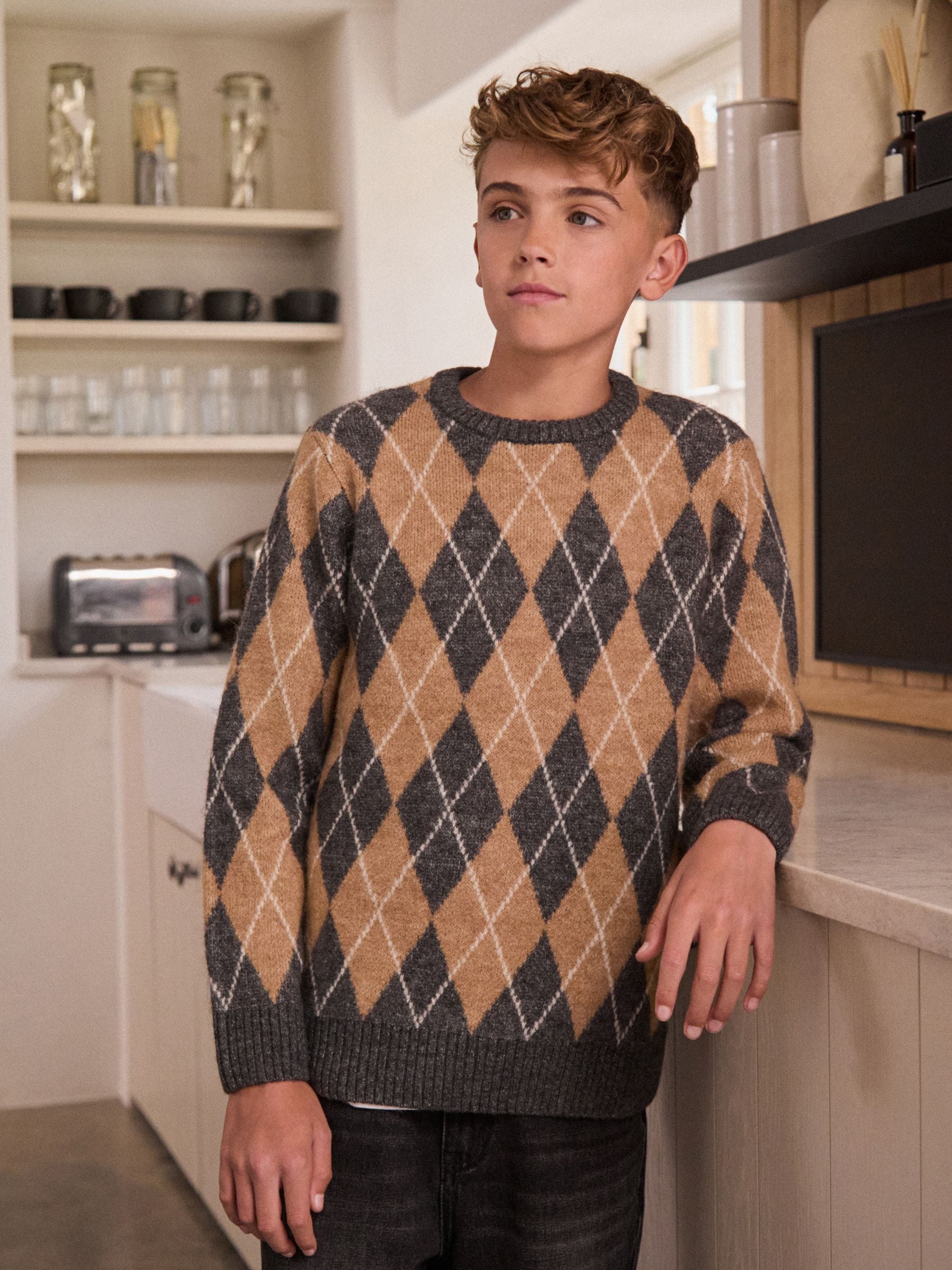 Buy Charcoal Grey/Tan Brown Argyle Knitted Crew Neck Jumper (3
