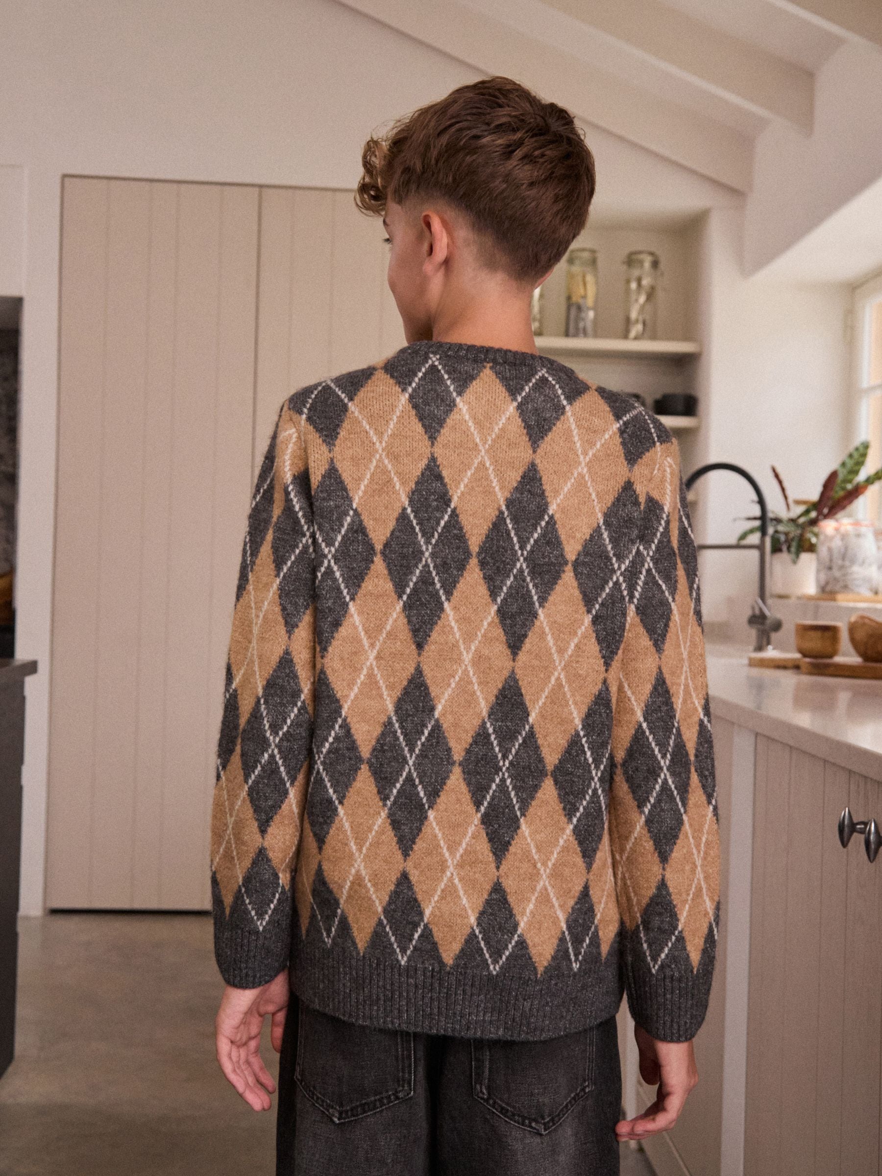 Buy Charcoal Grey/Tan Brown Argyle Knitted Crew Neck Jumper (3