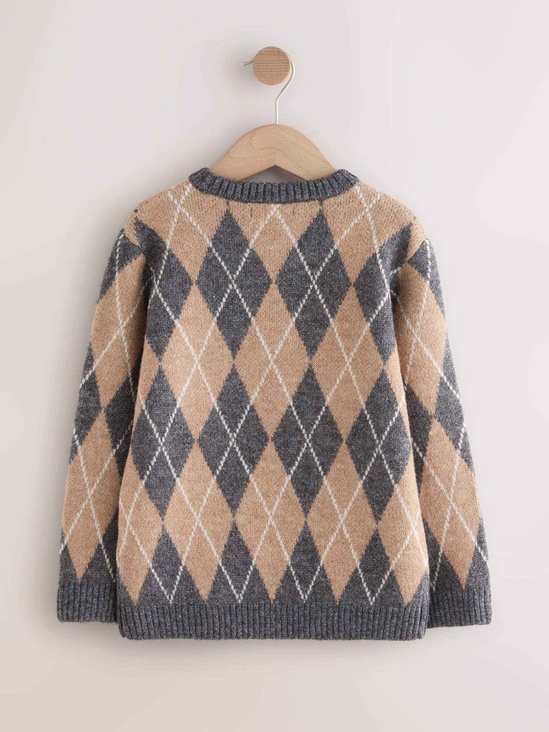 Buy Charcoal Grey/Tan Brown Argyle Knitted Crew Neck Jumper (3