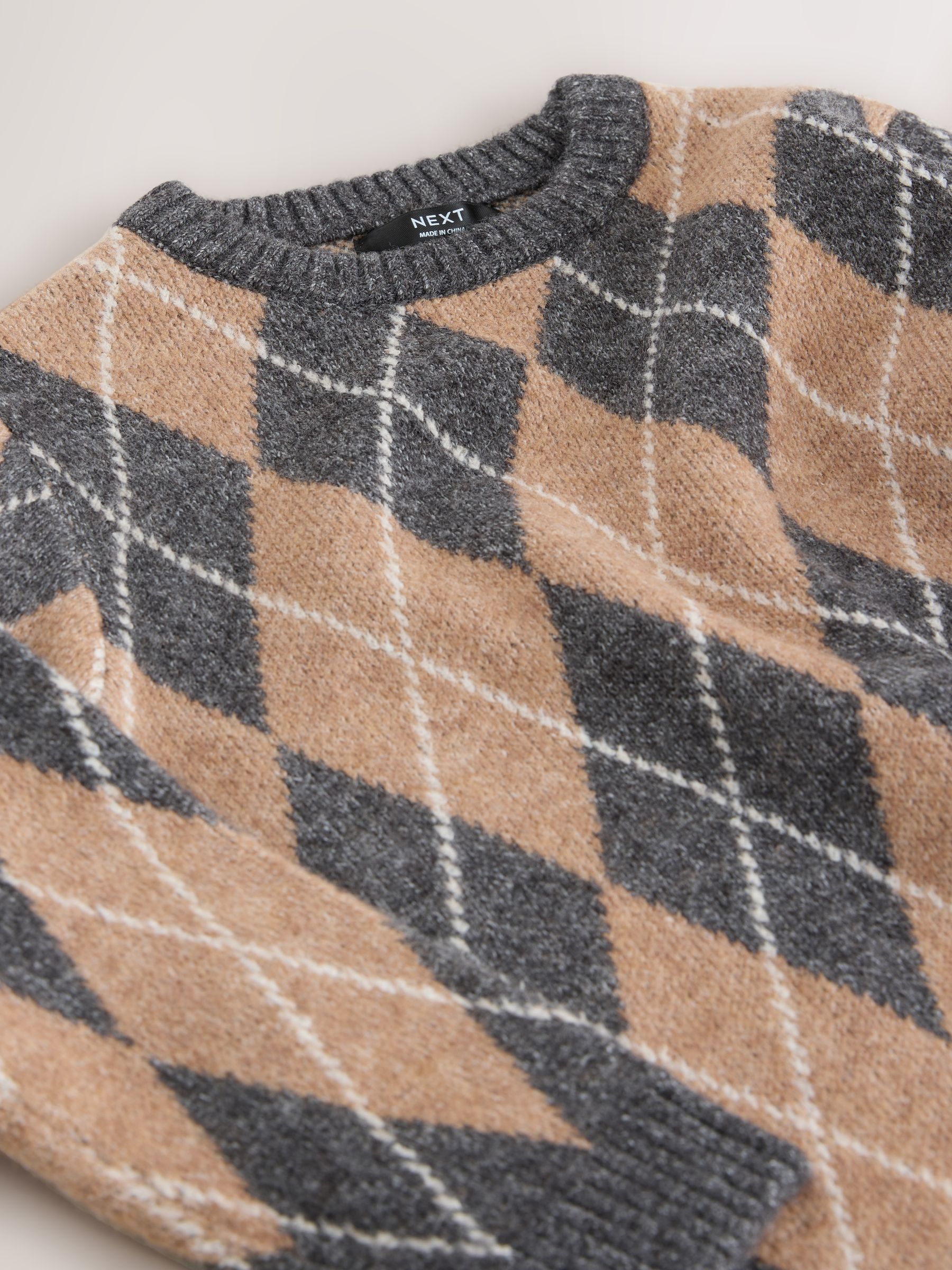 Buy Charcoal Grey/Tan Brown Argyle Knitted Crew Neck Jumper (3
