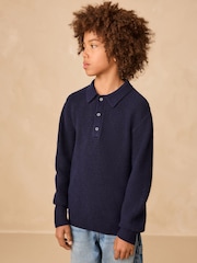 Navy Blue Knitted Button Neck Polo Shirt (3-16yrs) - Image 1 of 8