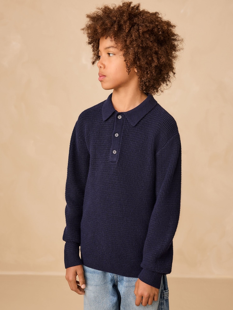 Navy Blue Knitted Button Neck Polo Shirt (3-16yrs) - Image 1 of 8