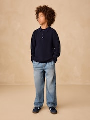 Navy Blue Knitted Button Neck Polo Shirt (3-16yrs) - Image 2 of 8