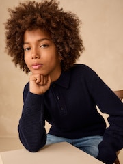 Navy Blue Knitted Button Neck Polo Shirt (3-16yrs) - Image 4 of 8