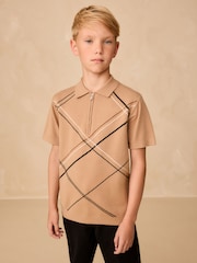 Tan Brown Argyle Knitted Zip Neck Polo Shirt (3-16yrs) - Image 1 of 4