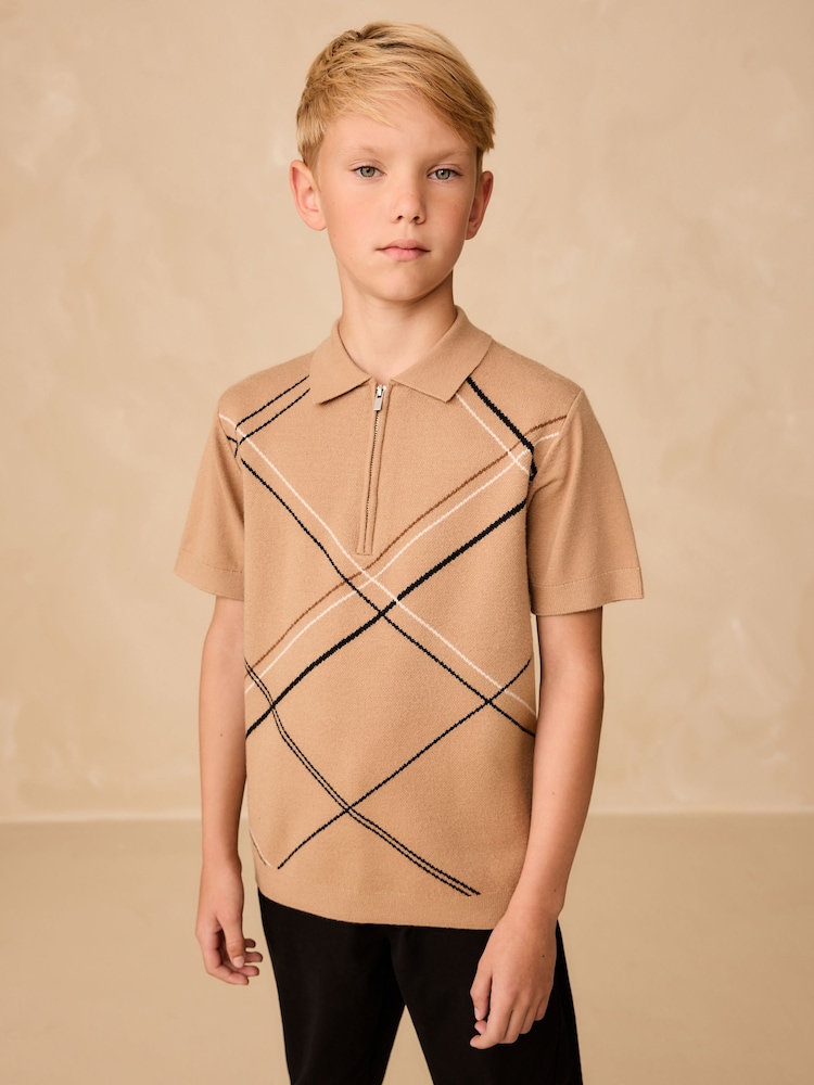 Tan Brown Argyle Knitted Zip Neck Polo Shirt (3-16yrs) - Image 1 of 4 Tan Brown Argyle Knitted Zip Neck Polo Shirt (3-16yrs) - Image 1 of 4