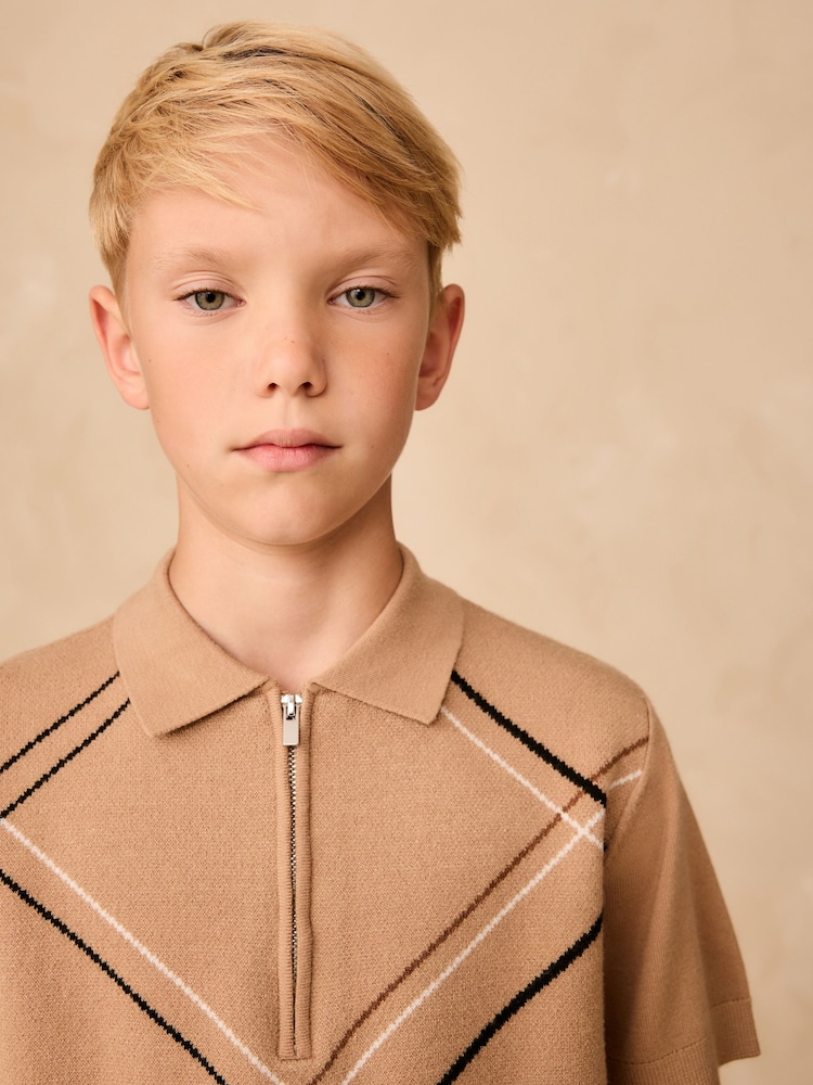 Tan Brown Argyle Knitted Zip Neck Polo Shirt (3-16yrs) - Image 4 of 4