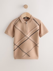 Tan Brown Argyle Knitted Zip Neck Polo Shirt (3-16yrs) - Image 8 of 8