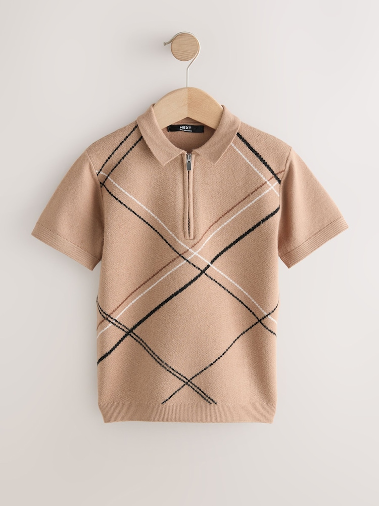 Tan Brown Argyle Knitted Zip Neck Polo Shirt (3-16yrs) - Image 8 of 8