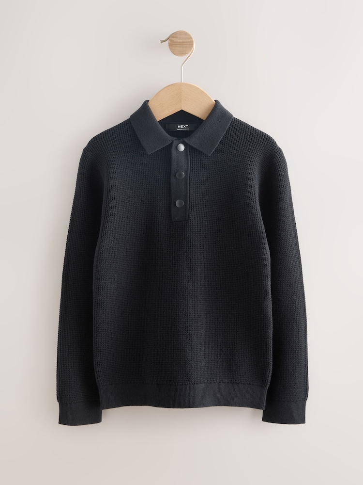 Black Long Sleeve Textured Polo Shirt (3-16yrs) - Image 1 of 4