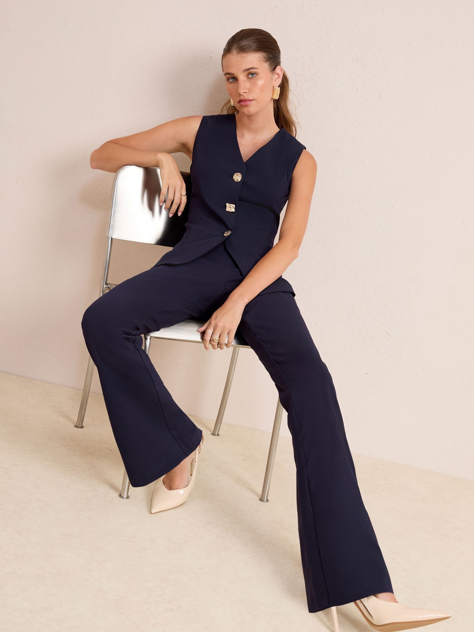 Buy Friends Like These Navy Blue Sculpting Stretch Flare Trousers