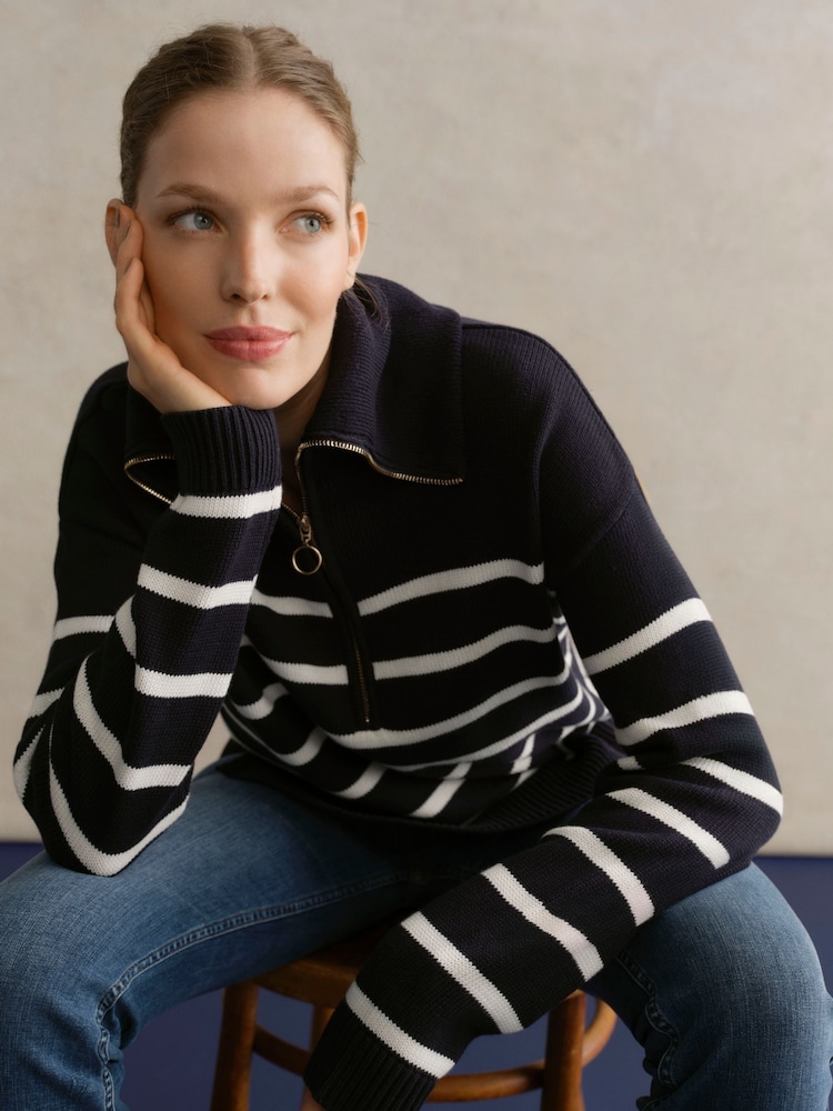Hobbs Blue Amy Zip Stripe Jumper - Image 1 of 5