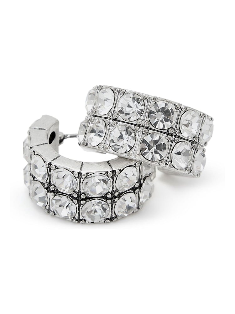 AllSaints Silver Tone Double Crystal Huggie Earrings - Image 3 of 3 AllSaints Silver Tone Double Crystal Huggie Earrings - Image 3 of 3