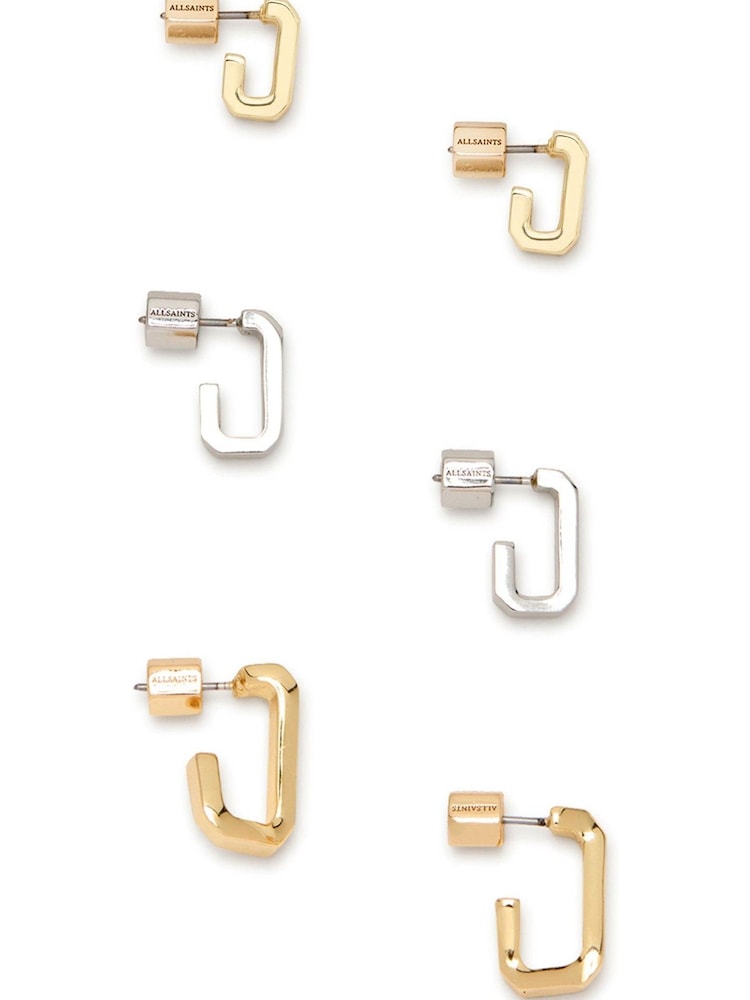AllSaints Gold Tone Signature Hexagon Link Earrings Set - Image 1 of 7