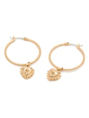 AllSaints Gold Tone Studded Heart Charm Hoop Earrings - Image 2 of 2