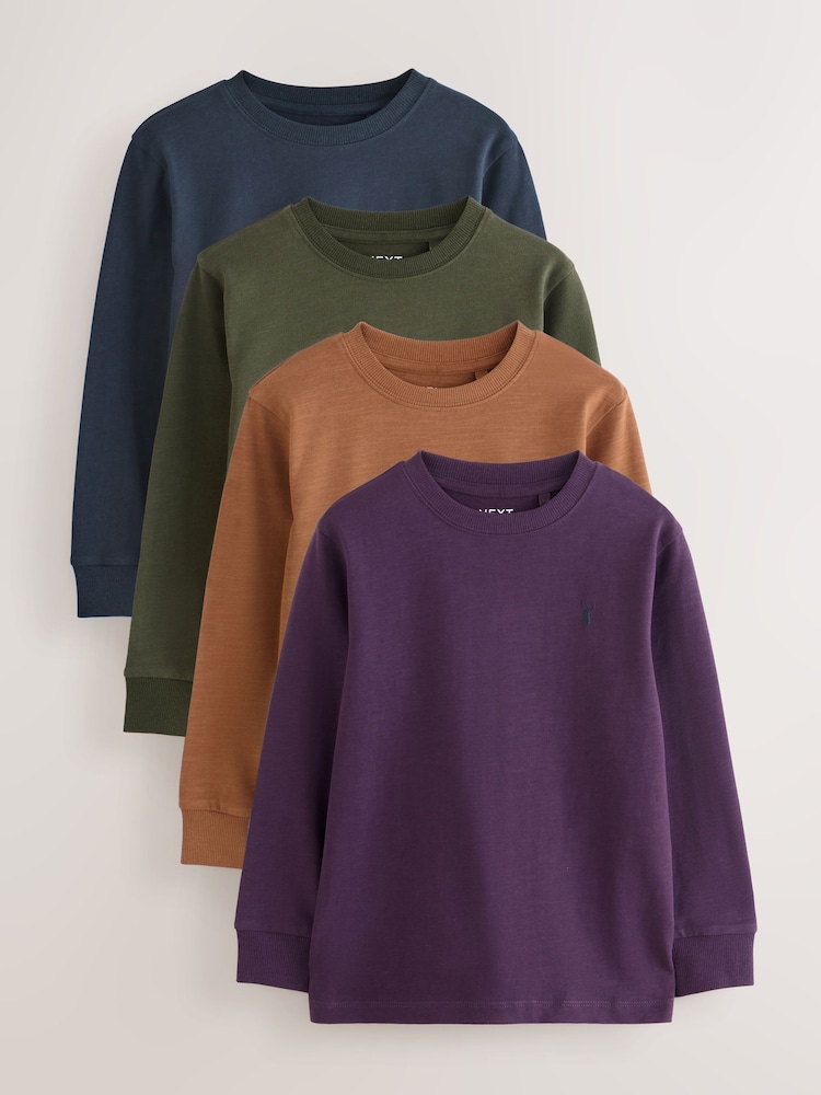 Khaki/Tan/Purple/Navy Stag Logo Long Sleeve Cosy T-Shirts 4 Pack (3-16yrs) - Image 1 of 10 Khaki/Tan/Purple/Navy Stag Logo Long Sleeve Cosy T-Shirts 4 Pack (3-16yrs) - Image 1 of 10