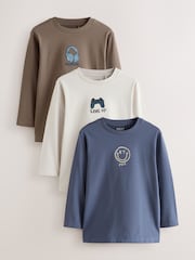 Grey/Blue/Brown Embroidery - Grafični dolg rokav; z dolgimi rokavi majica 3 Pack (3-16let) - Slika 1 iz 7