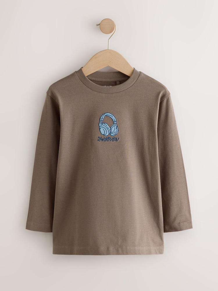 Grey/Blue/Brown Embroidery - Grafični dolg rokav; z dolgimi rokavi majica 3 Pack (3-16let) - Slika 2 iz 7