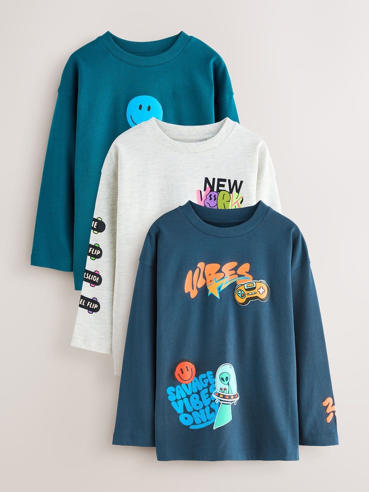 Teal/Blue/Grey Bright Graffiti Relaxed Fit Graphic Print Long Sleeve T-Shirts 3 Pack (3-16yrs) - Image 1 of 8