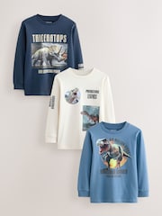Navy/Blue/Ecru Dino Graphic Long Sleeve T-Shirts 3 Pack (3-16yrs) - Image 1 of 6